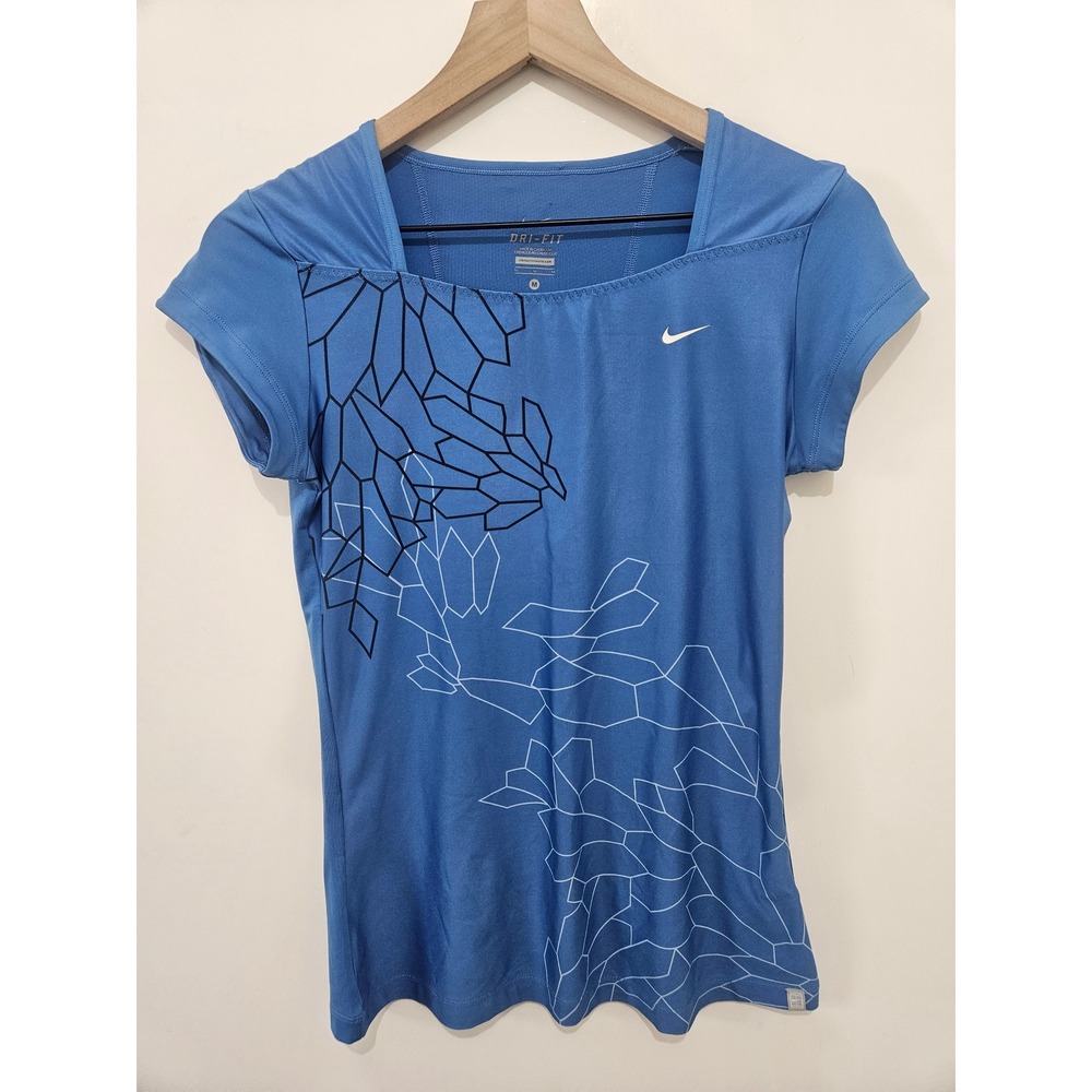 Nike Womens Dri-FIT Blue Geometric Graphic Tennis Training Top Square Neck M‎